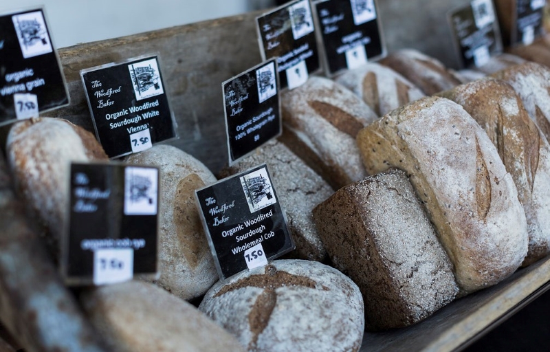 Different types of bread at Perth City Farm Farmer's Market. 