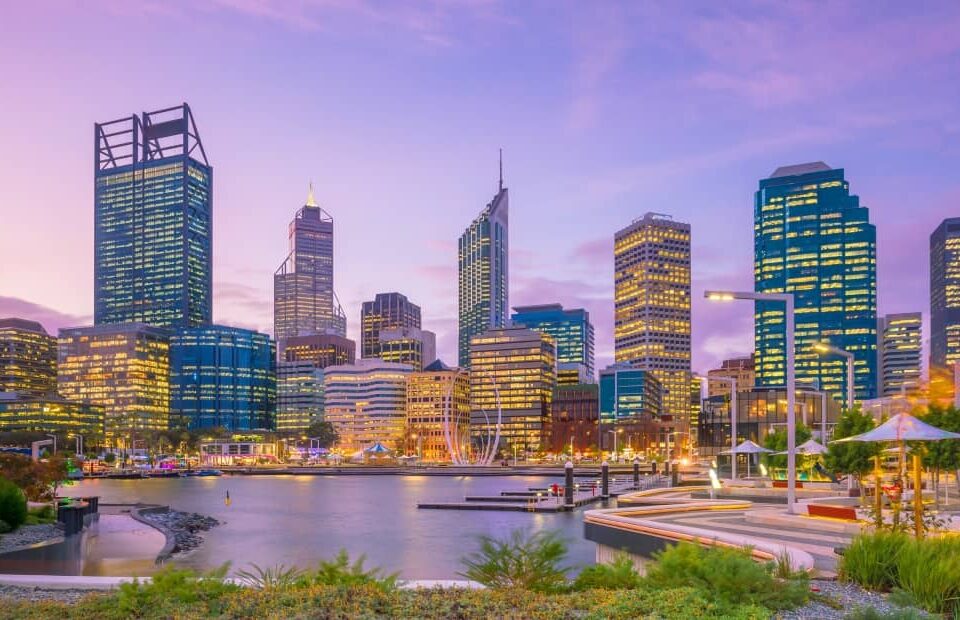 Elizabeth Quay sits on the banks of Swan River at the edge of the city's skyscrapers.